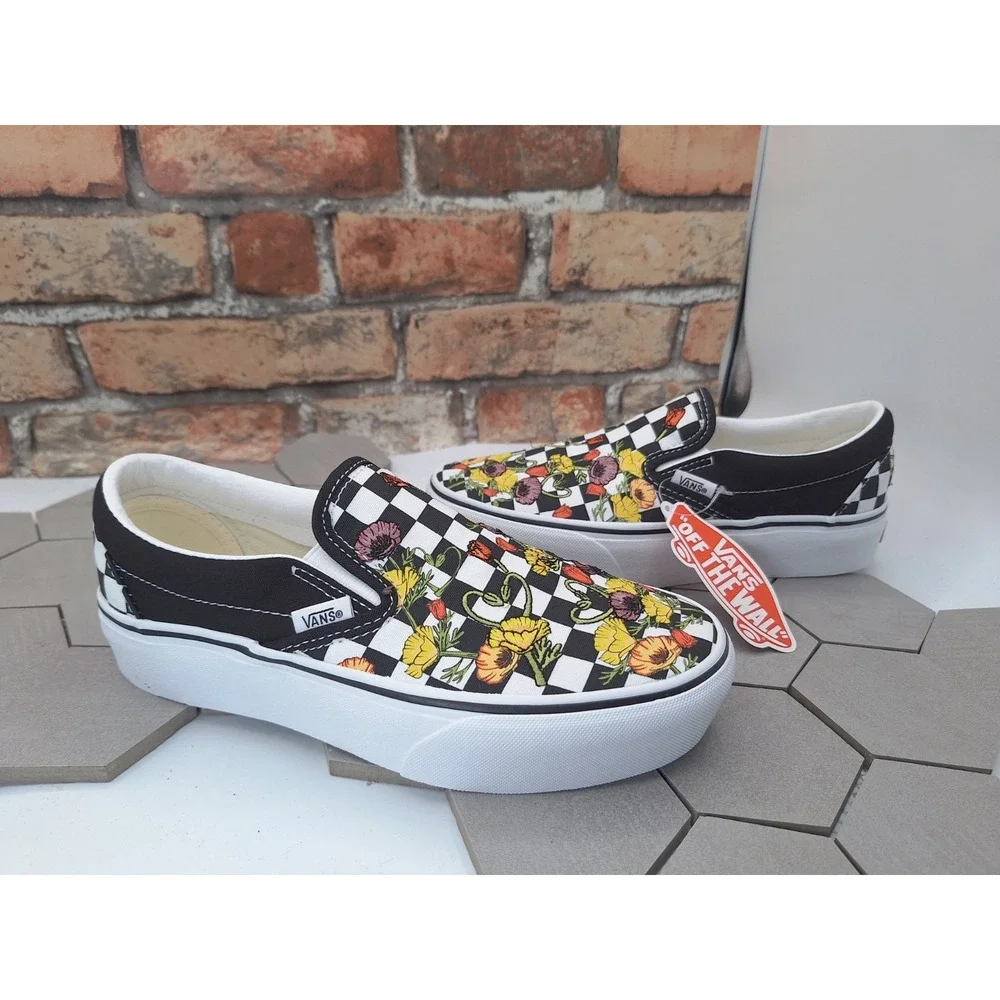 Vans  Classic Slipon Poppy Checkerboard Flower Women Sz 7 Lifted Platform 1.5 in - Picture 5 of 12